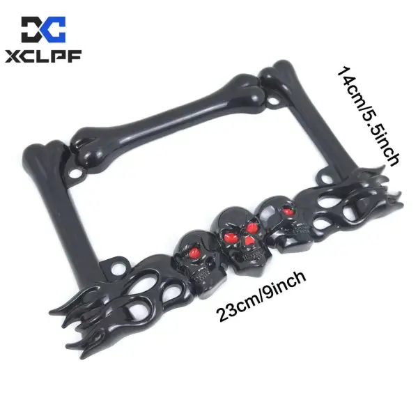 Moldura de placa de moto em ABS preto brilhante com caveira e ossos 3D