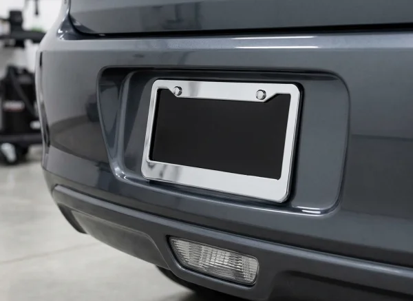 Mirror Polished Chrome Plated Stainless Steel License Plate Frame on Grey Car Rear