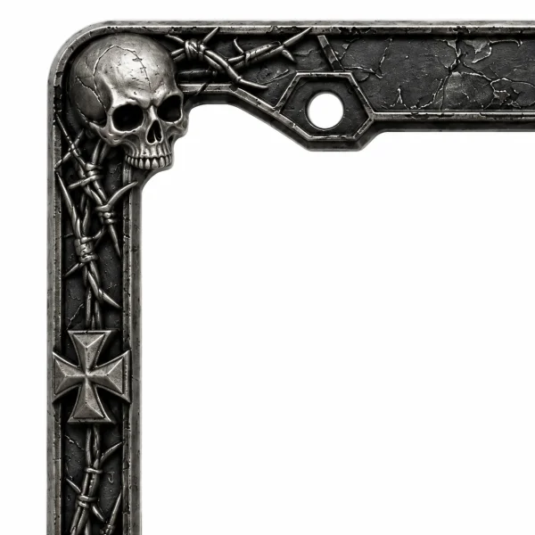 Detalle del Marco de Matrícula Aleación de Zinc Envejecido Cruz de Hierro Calavera Gótica