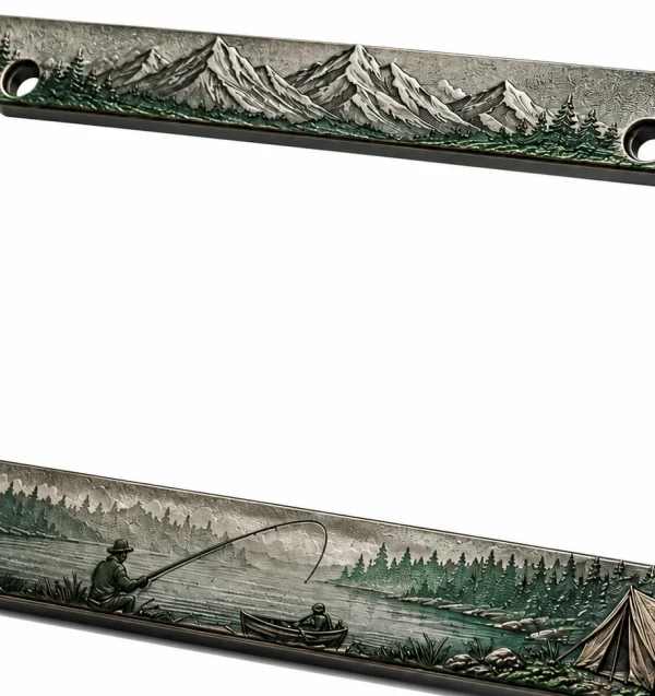 Mountain Engraved Outdoor Fishing Aluminum License Plate Frame Details