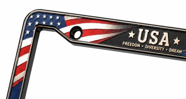 Close-up View of USA Patriotic National Flag Skyline Landmark License Plate Frame