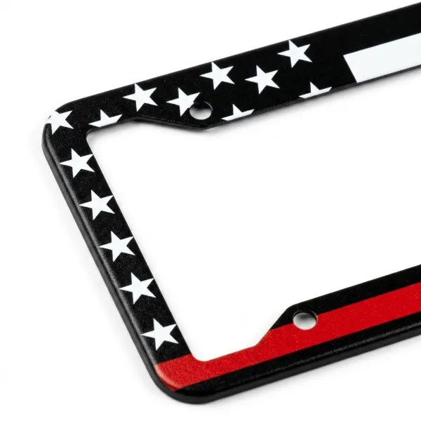 Close-up View of the Thin Red Line Patriot Firefighter American Flag Metal License Plate Frame
