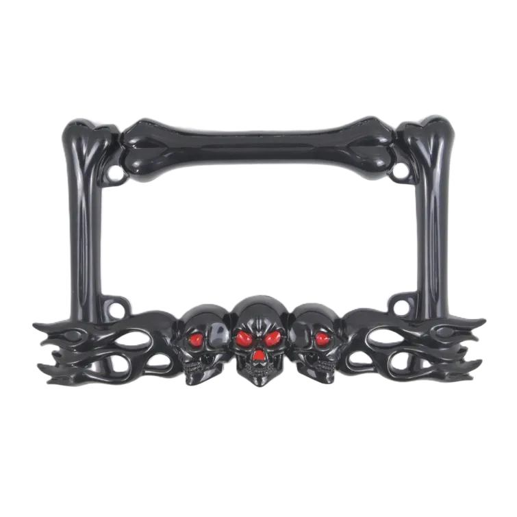 Moldura de placa de moto em ABS preto brilhante com caveira e ossos padrão dos EUA