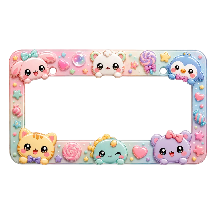 かわいい3D動物のナンバープレートフレーム - パステルレインボー キャラクター車用アクセ