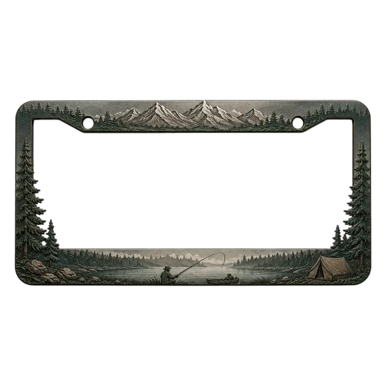 Mountain Engraved License Plate Frame - Aluminum Outdoor Fishing Car Tag Holder