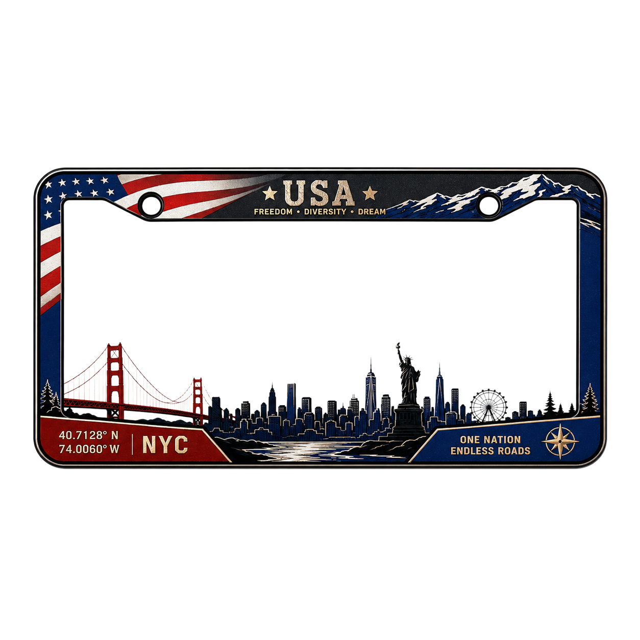 USA Flag Skyline License Plate Frame - Patriotic American Landmark Car Tag Holder