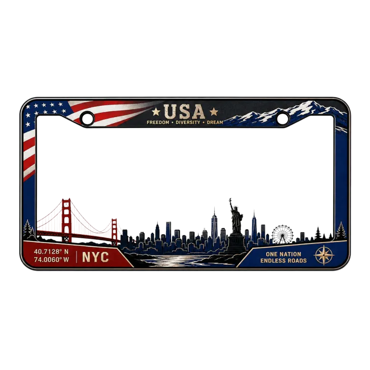 USA Flag Skyline License Plate Frame - Patriotic American Landmark Car Tag Holder