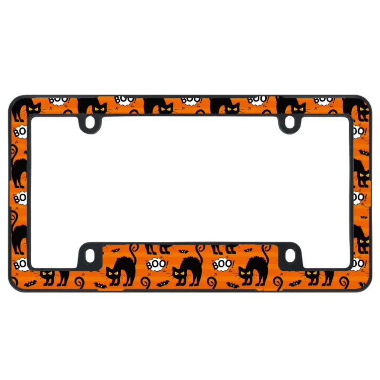 Halloween Zwarte Kat Kentekenplaathouder - Spooky Vleermuis Oranje Frame (4-Gats)