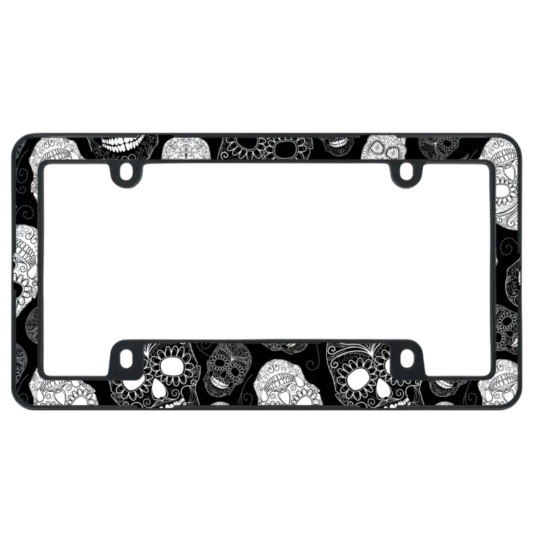 Moldura de Placa de Carro Caveira de Açúcar Preta e Branca - Suporte de Placa de Caveira Monocromática