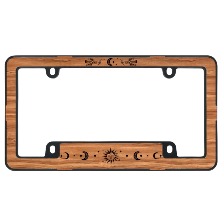 Khung Biển Số Xe Vân Gỗ - Họa Tiết Mặt Trời Và Mặt Trăng Boho (Nhựa ABS)