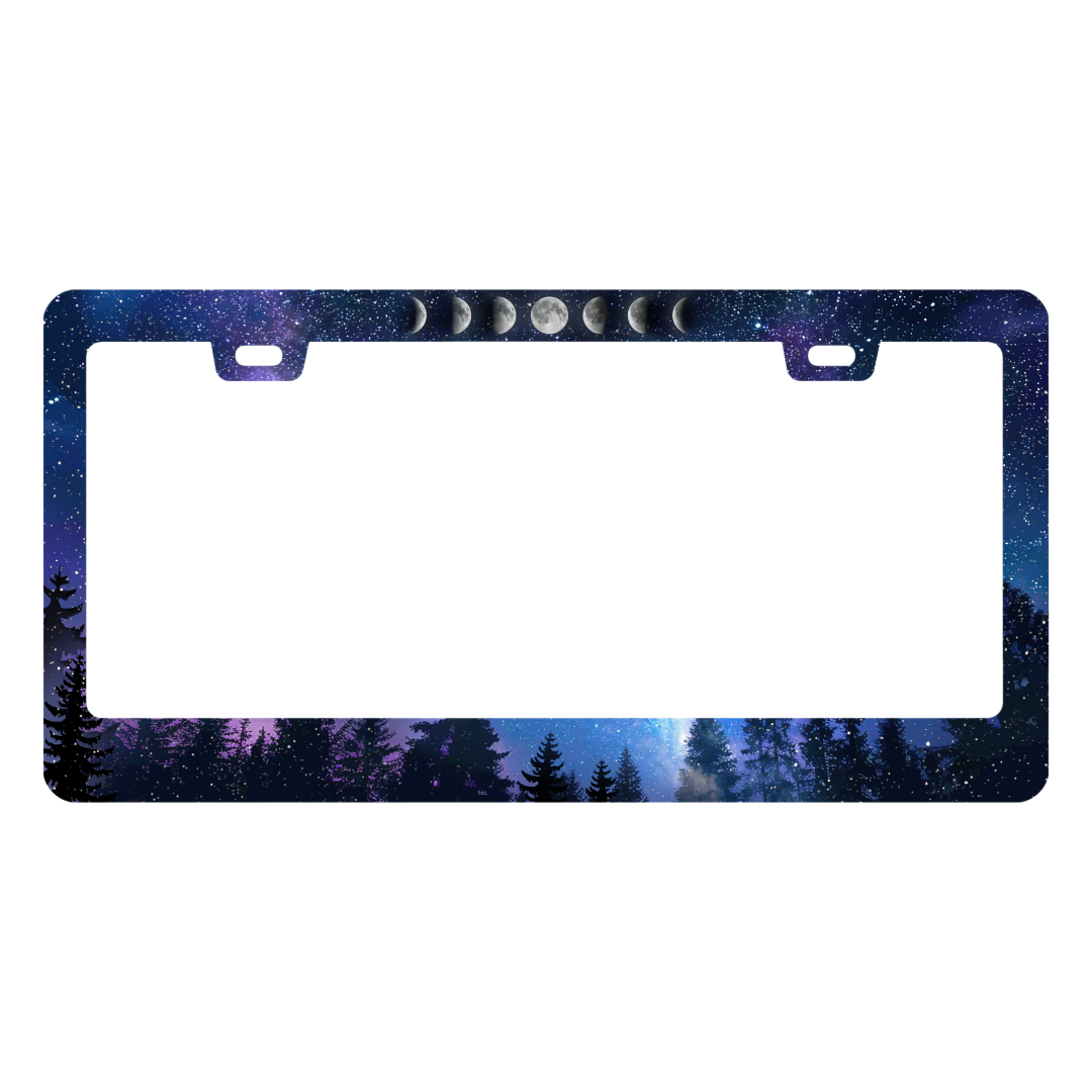 Galaxy Moon Phase License Plate Frame - Mystical Forest Car Tag Holder | Durable Metal (2 Holes)