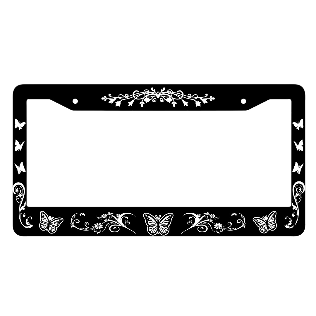 Vintage White Butterfly License Plate Frame - Slim Aluminum Floral Car Tag Holder