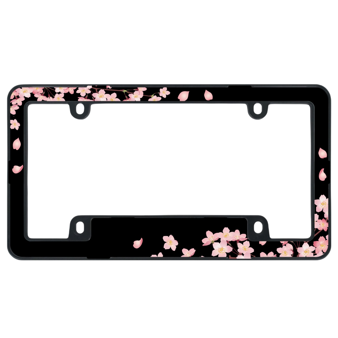 Pink Cherry Blossom License Plate Frame - 4-Hole ABS Sakura Car Tag Cover