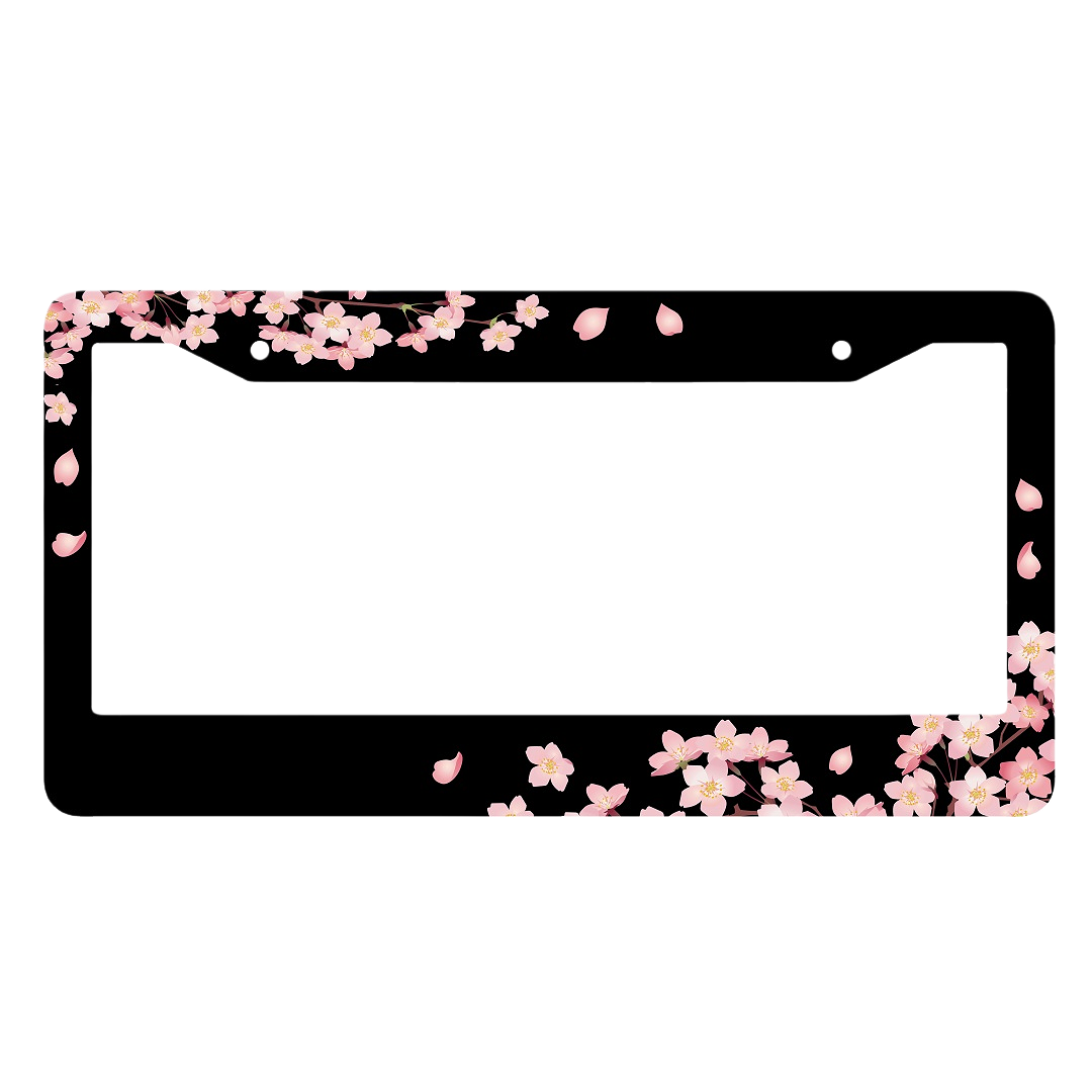 Pink Cherry Blossom License Plate Frame - Slim Aluminum Sakura Car Tag Cover