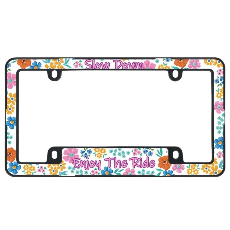 White Slow Down Enjoy The Ride License Plate Frame - Boho Floral (ABS)